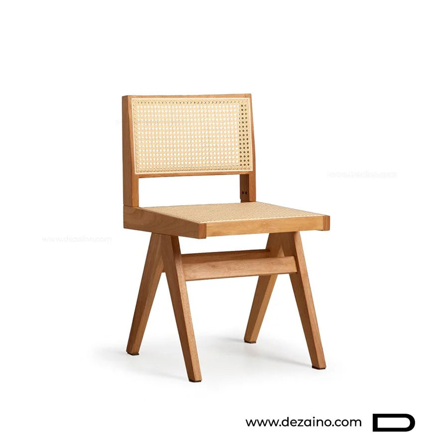 Chaise de table Otino sans accoudoirs en bois massif noyer et rotin au Maroc.